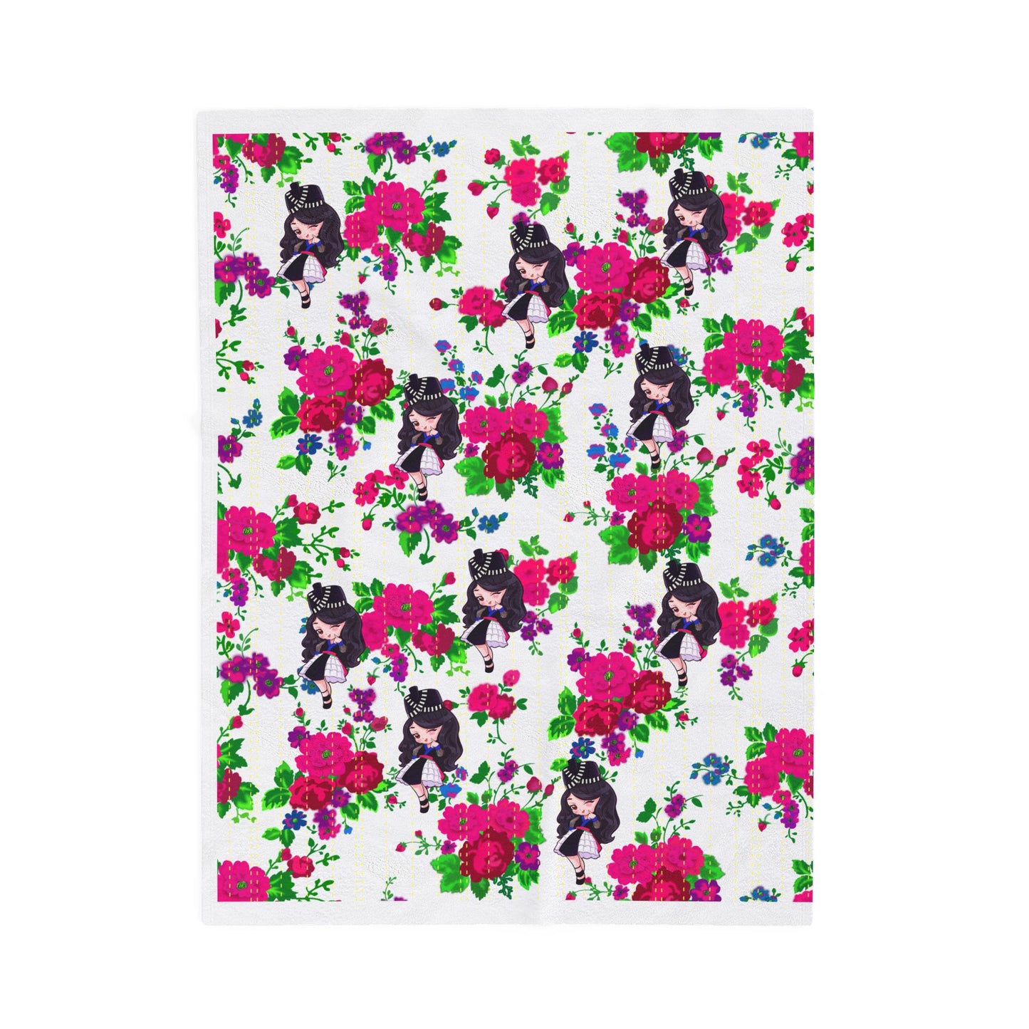 Velveteen Plush Blanket — Floral Kawaii Girl Pattern Cozy Throw